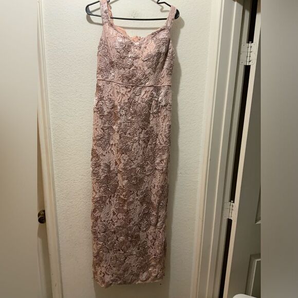 Aidan Mattox Champagne Pink Textured Floral Gown side slit US 8 - Picture 1 of 12